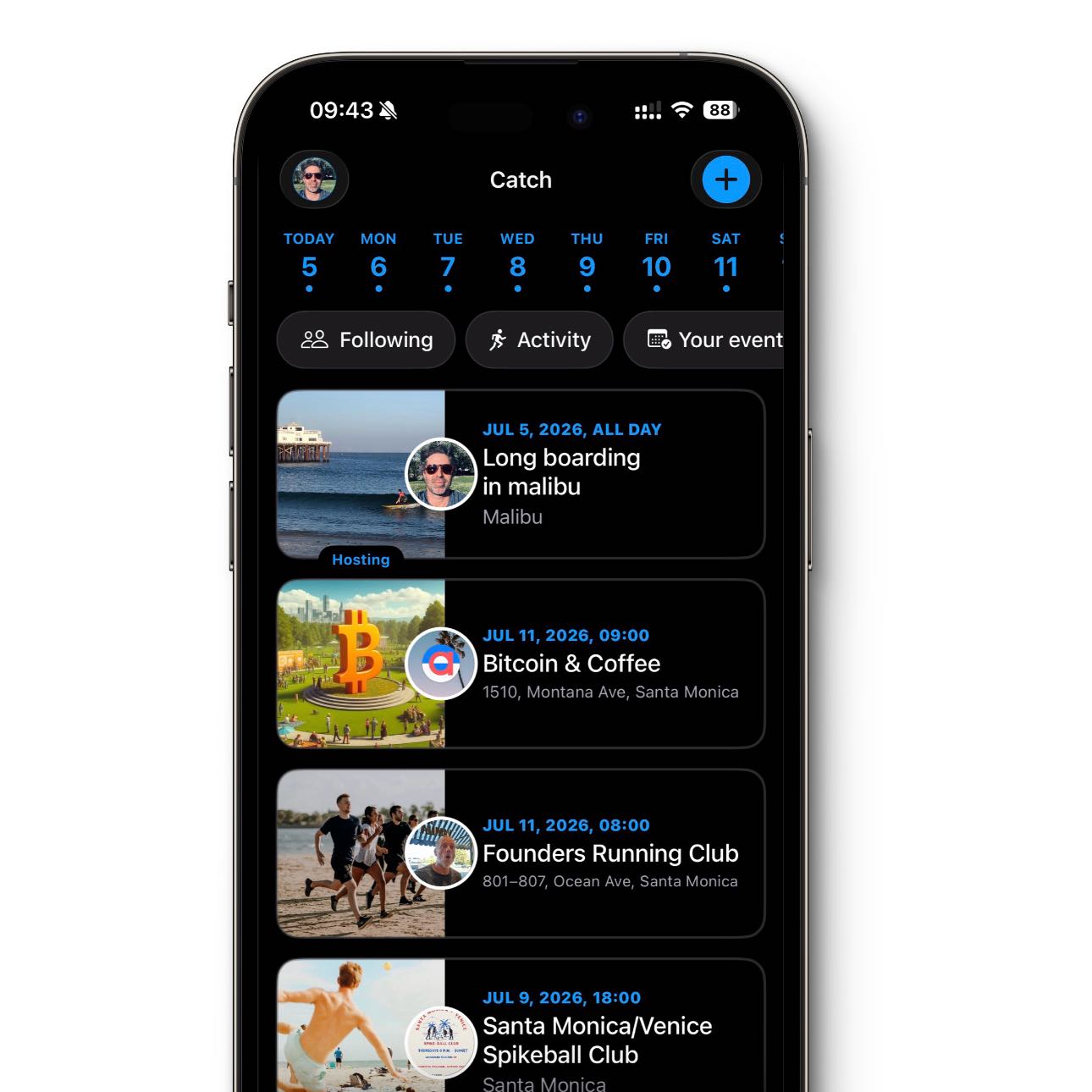 The CATCH event feed: post activities and join events near you
